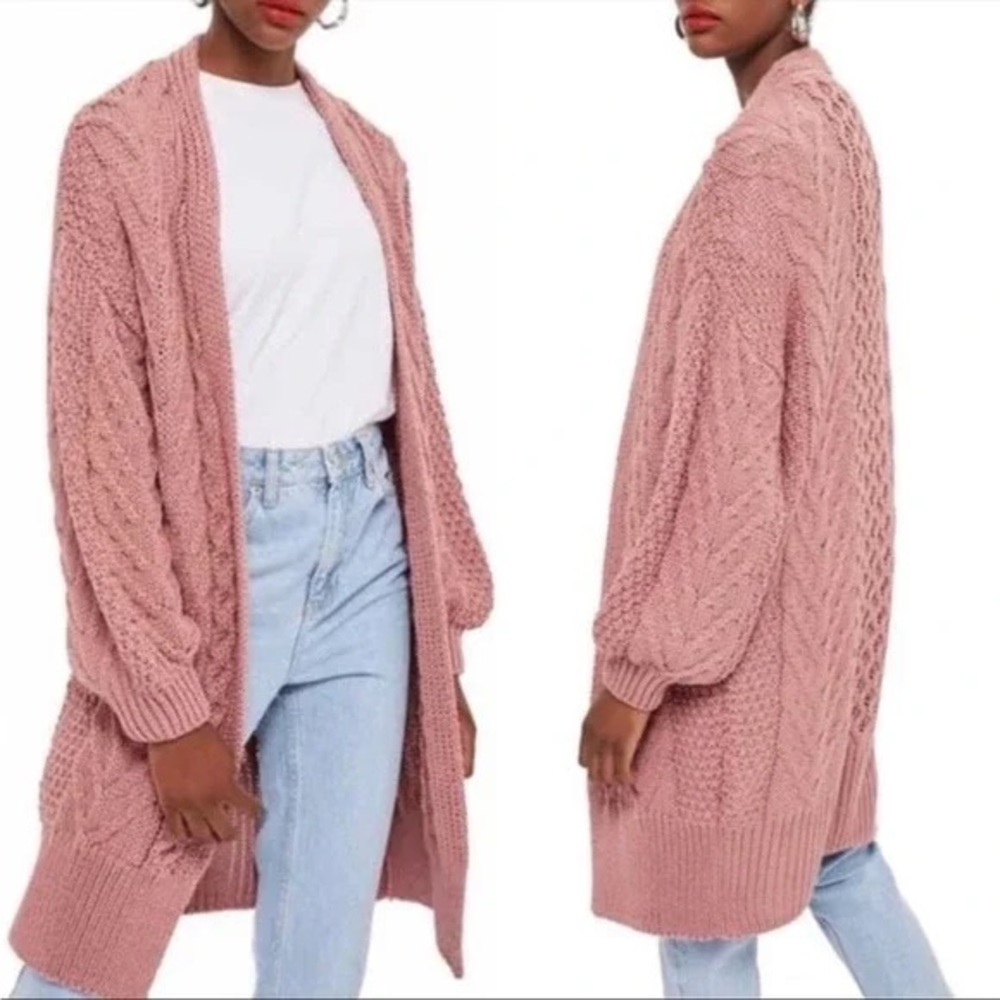 Topshop Cable Knit Balloon Sleeve Cardigan Sweater - Dusty Rose- Size 6
